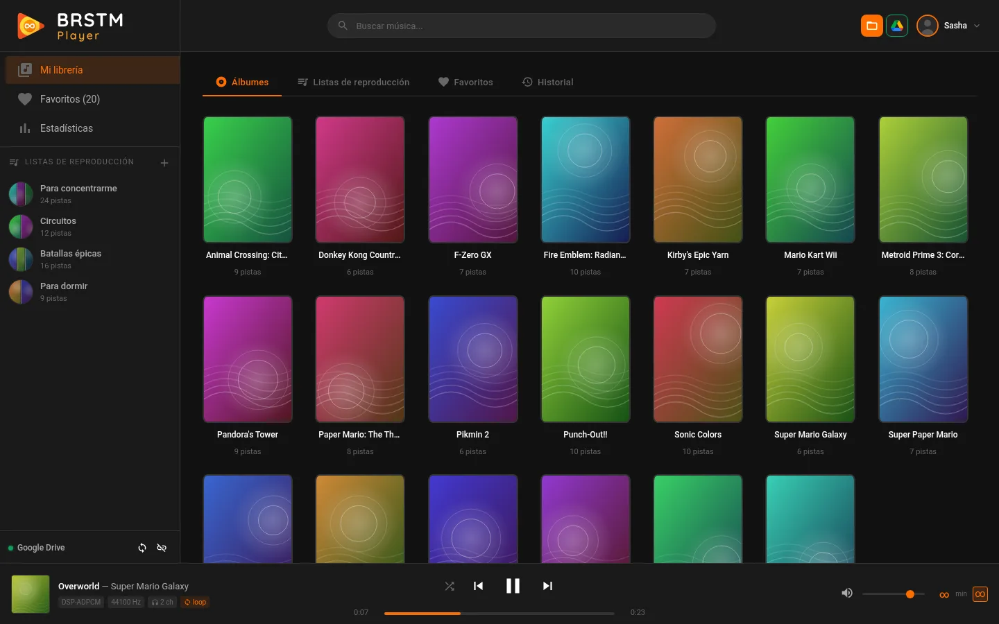 Biblioteca de BRSTM Player en el ordenador: cuadrícula de álbumes, listas de reproducción y una pista sonando