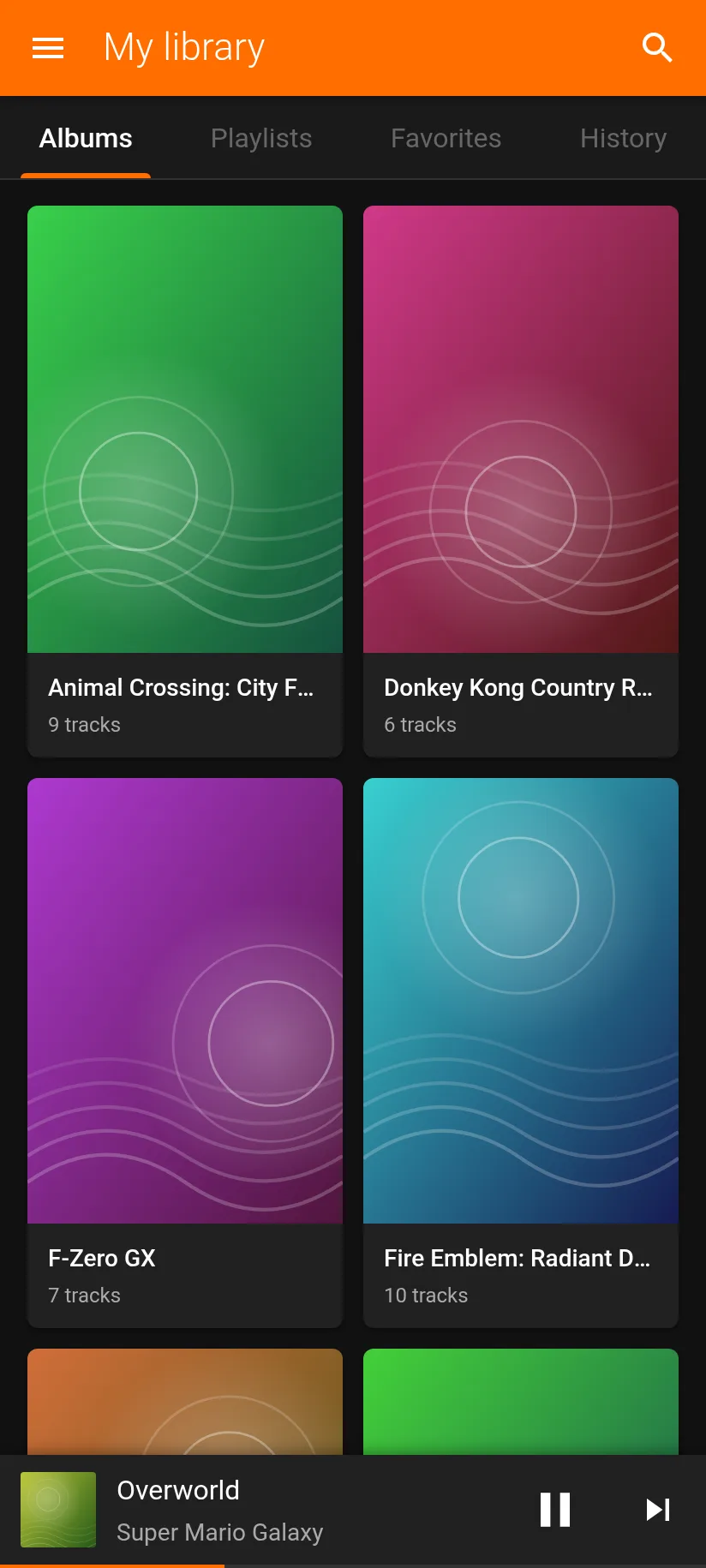 BRSTM Player library on a phone, with albums and tabs