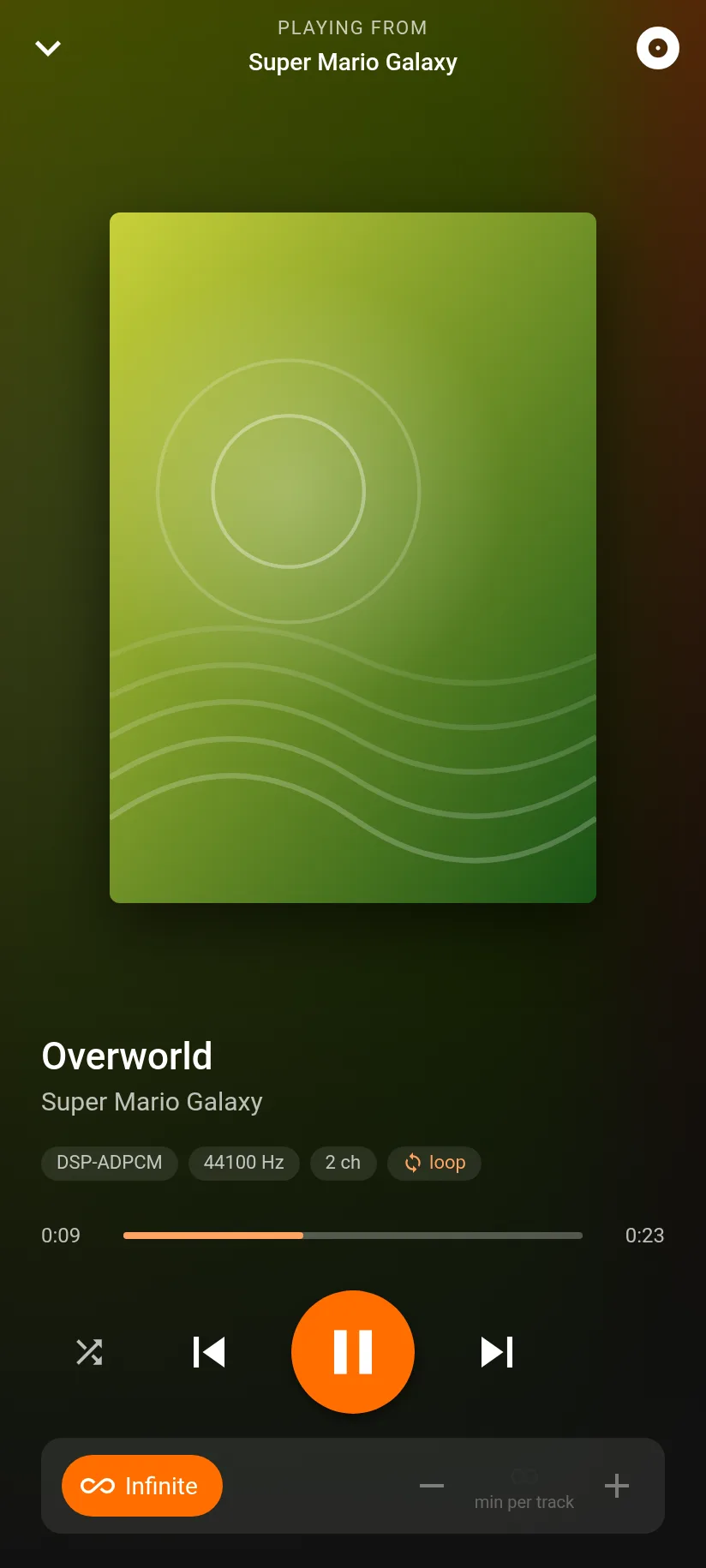 BRSTM Player full-screen player on a phone, with the infinite mode button