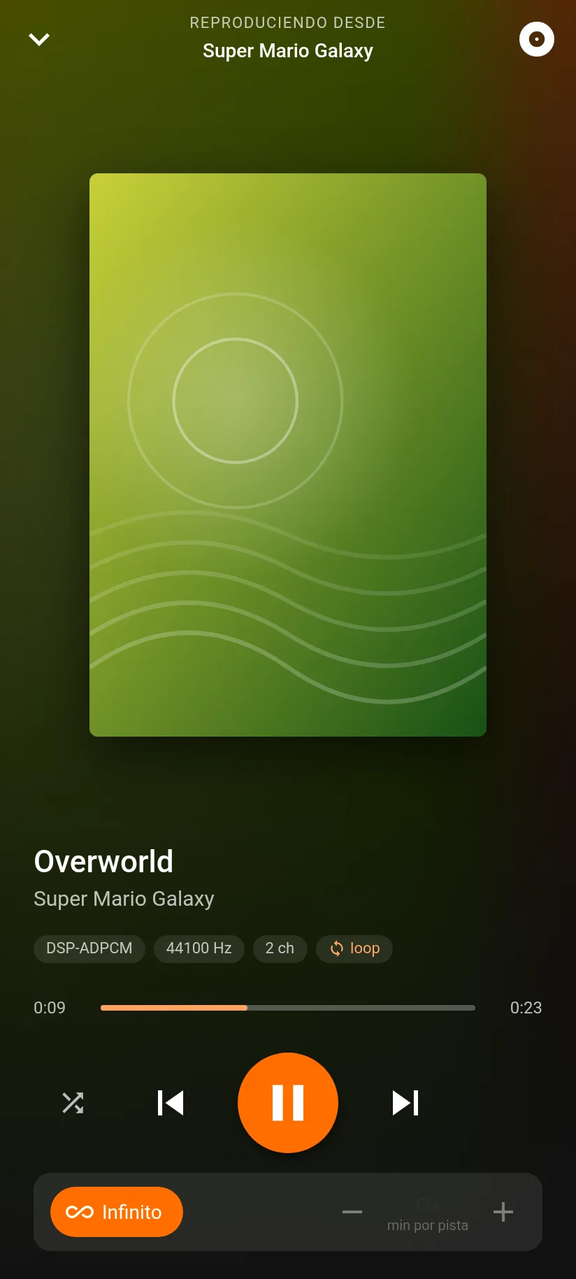 Reproductor a pantalla completa de BRSTM Player en el móvil, con el botón de modo infinito